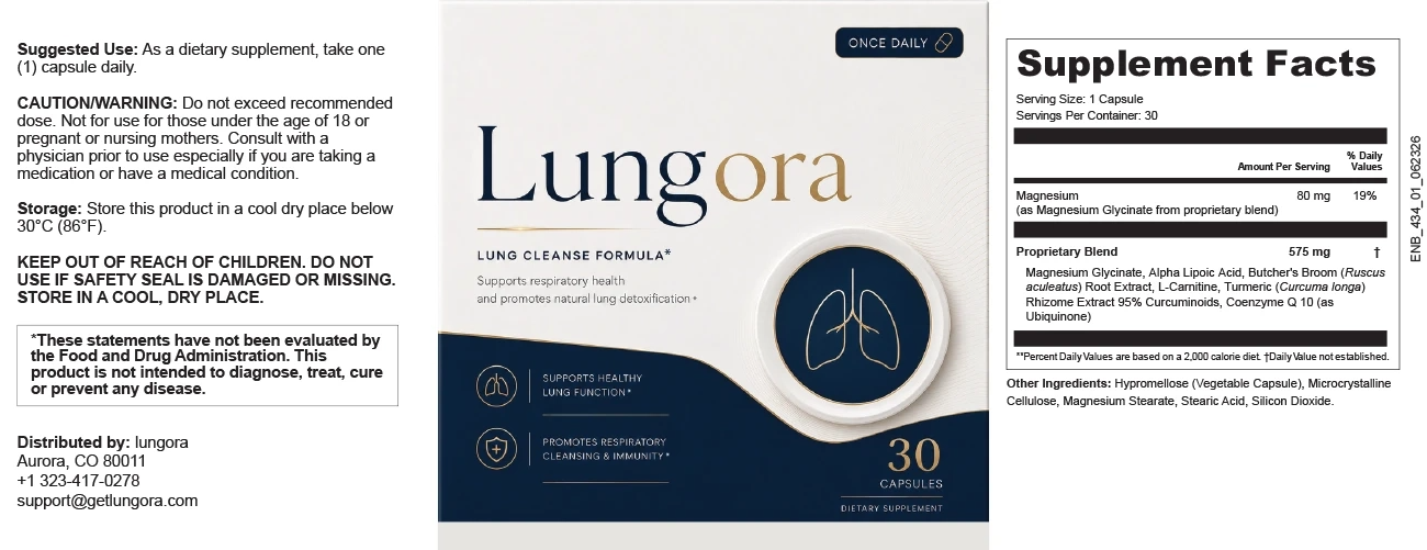 Lungora Supplement Facts label: Turmeric, Coenzyme Q10, Alpha Lipoic Acid, Butcher's Broom, L-Carnitine and Magnesium Glycinate